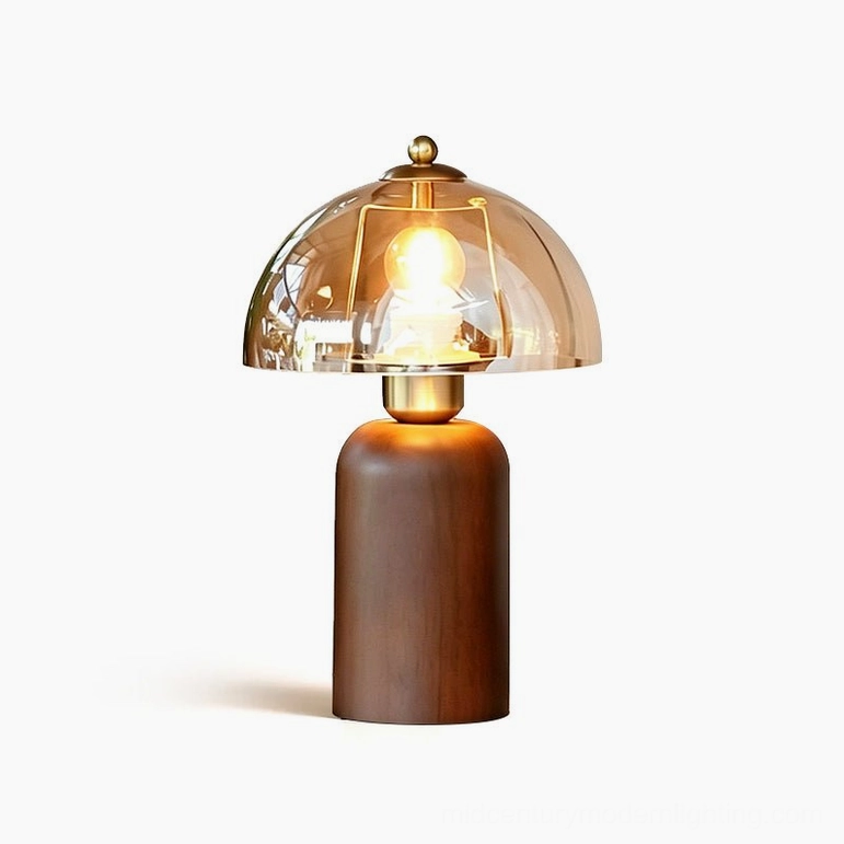 Disko mid-century modern table lamp with walnut base and amber glass dome, product showcase