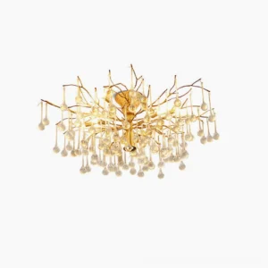 Divino crystal branch ceiling chandelier with brass frame and clear glass teardrop pendants - studio product view