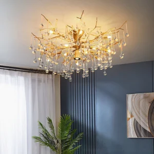 Divino ceiling light installed in luxury bedroom with warm brass finish and cascading glass pendants overhead view