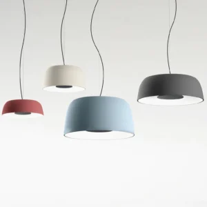 Djembe pendant lights in multiple colors including burgundy, white, light blue, and dark grey finishes displayed together