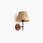 Dodie Japandi wall sconce with beige linen shade, black metal rod, and walnut wood base on white background