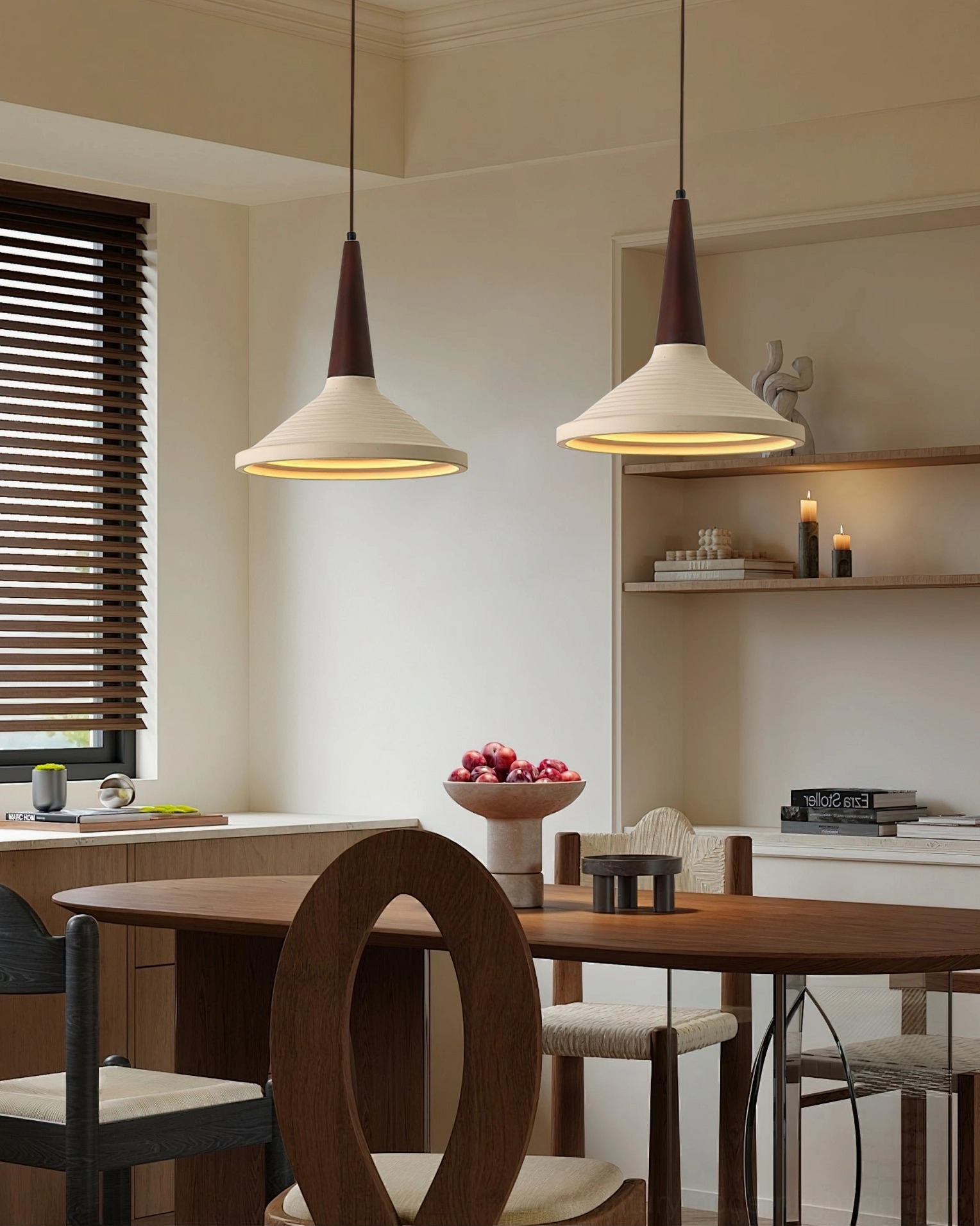 Pair of Doherty pendant lights in contemporary kitchen with open shelving, family dining area