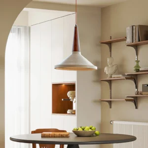 Doherty pendant lamp illuminating vintage dining room with arched doorway, warm ambient lighting