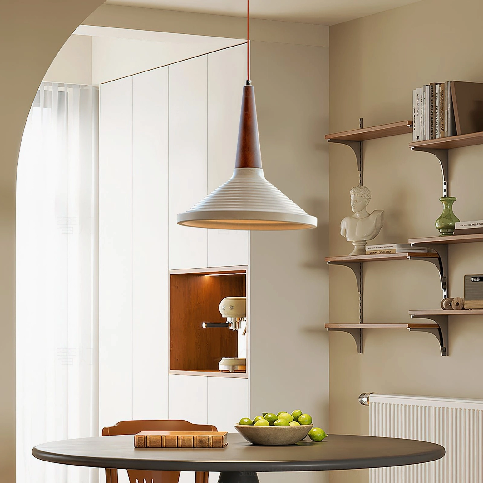 Doherty pendant lamp illuminating vintage dining room with arched doorway, warm ambient lighting