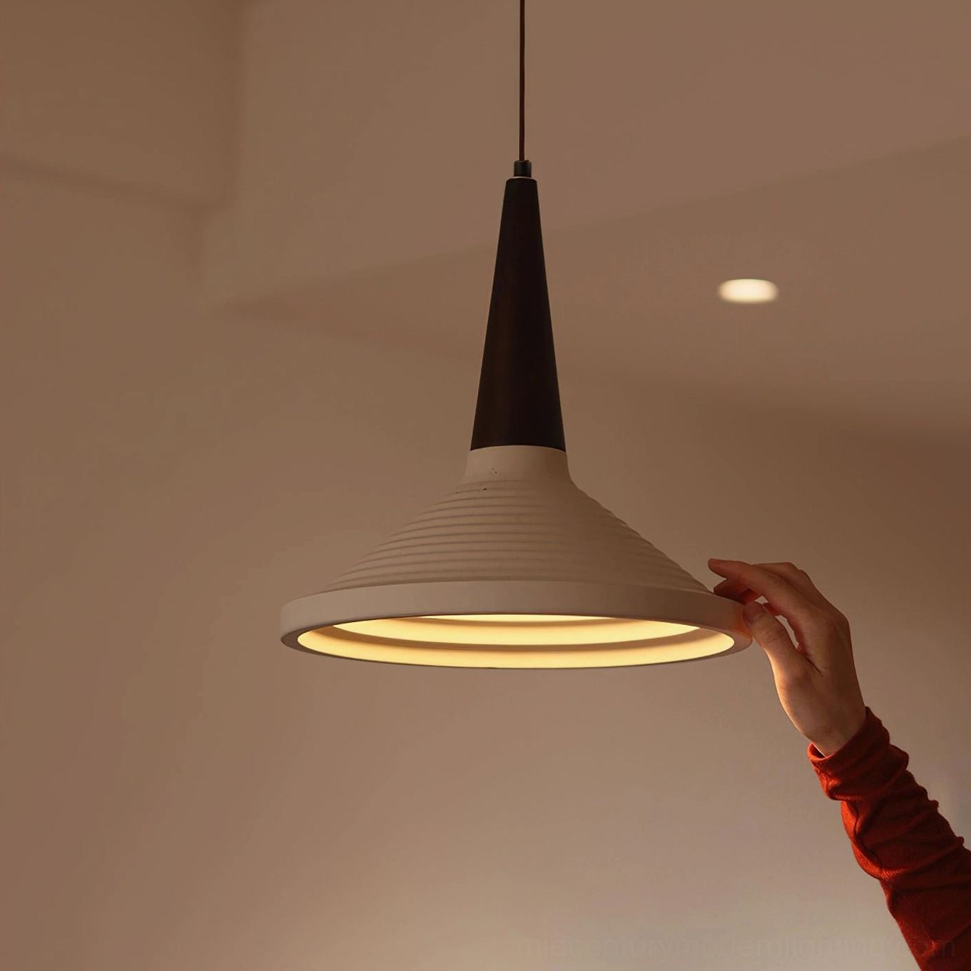 Doherty mid-century modern pendant light detail shot, travertine and walnut craftsmanship