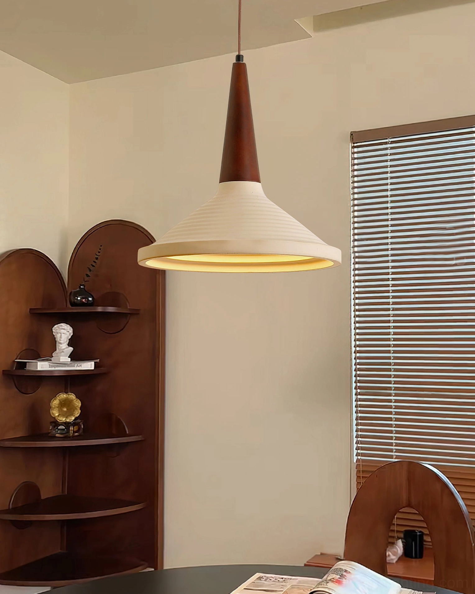 Doherty pendant lamp eye-level view with wooden display shelf, mid-century vintage aesthetic