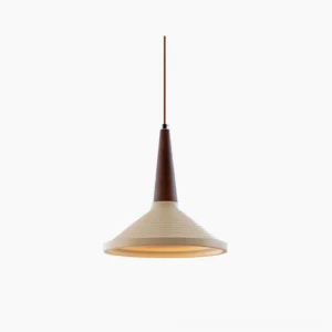 Doherty mid-century modern pendant light with travertine shade and walnut accent, front view on white background