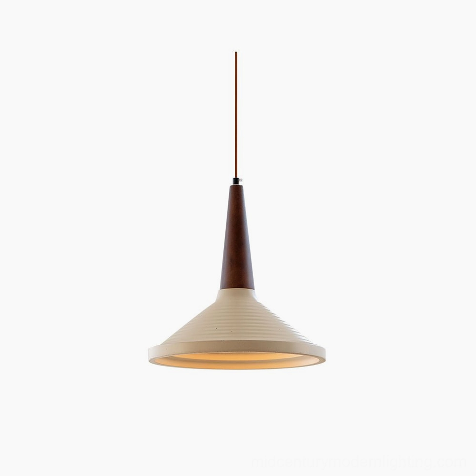 Doherty mid-century modern pendant light with travertine shade and walnut accent, front view on white background
