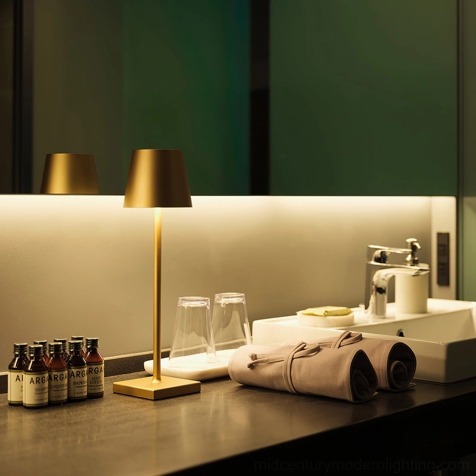 Gold Doku rechargeable table lamp on bathroom vanity counter, luxury modern lighting design