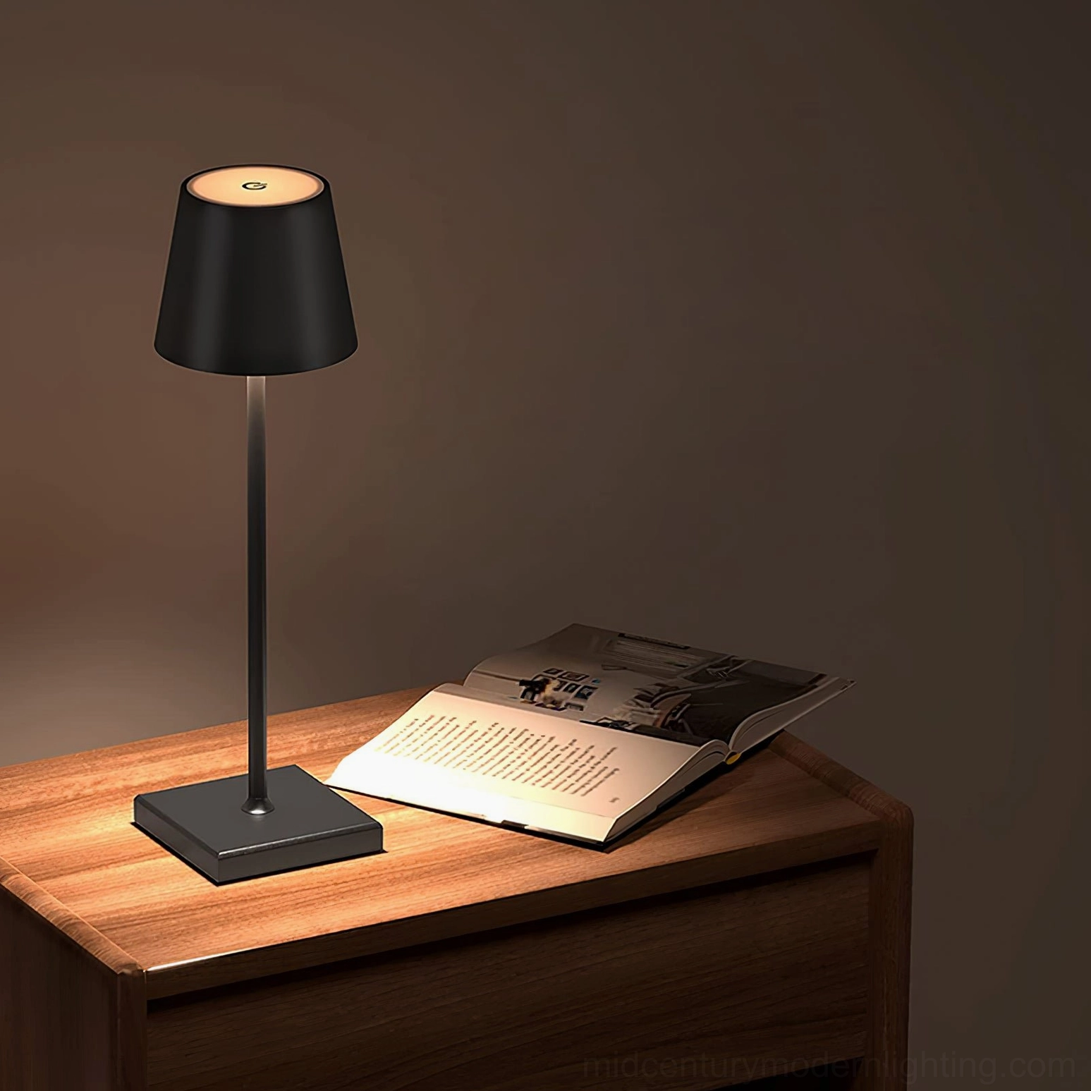 Doku rechargeable cordless lamp in industrial loft setting with exposed brick and metal