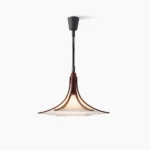 Domus mid-century modern pendant light with walnut wood frame and white fabric shade, studio overhead view