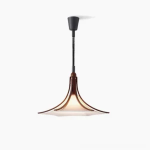 Domus mid-century modern pendant light with walnut wood frame and white fabric shade, studio overhead view