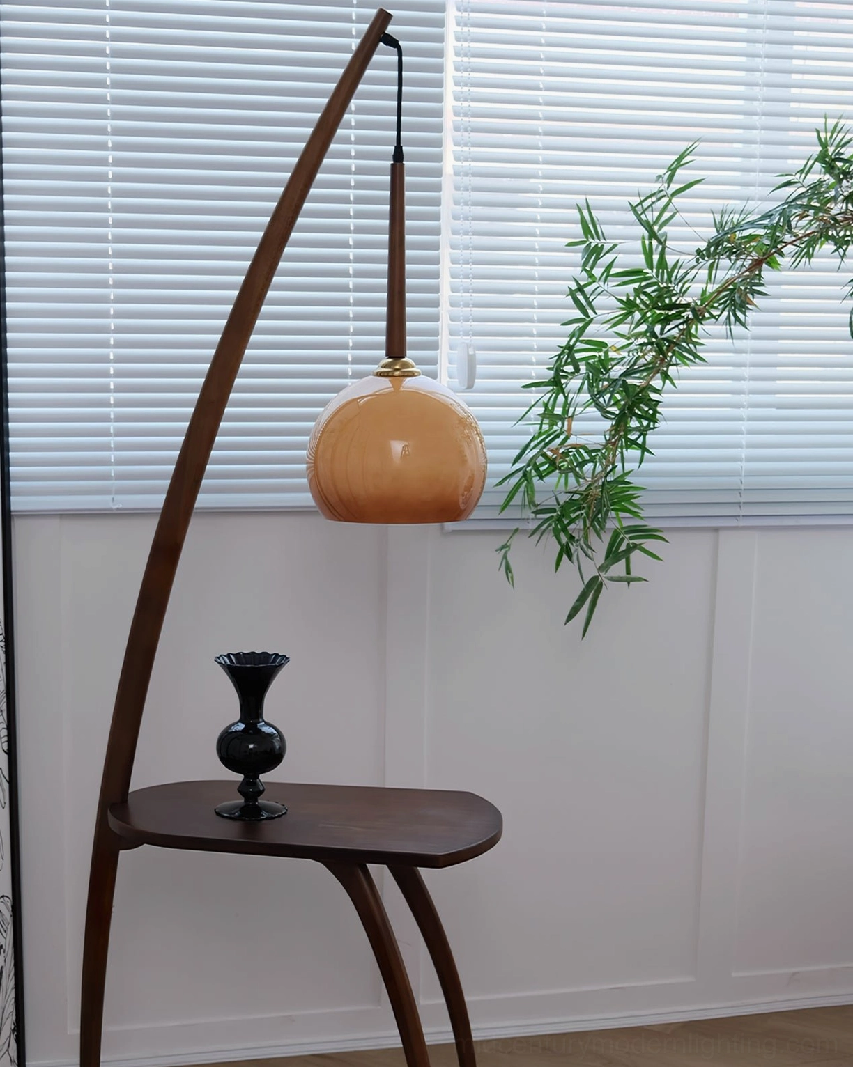 Domus Pollo mid-century modern arc floor lamp with side table, walnut finish, complete product showcase