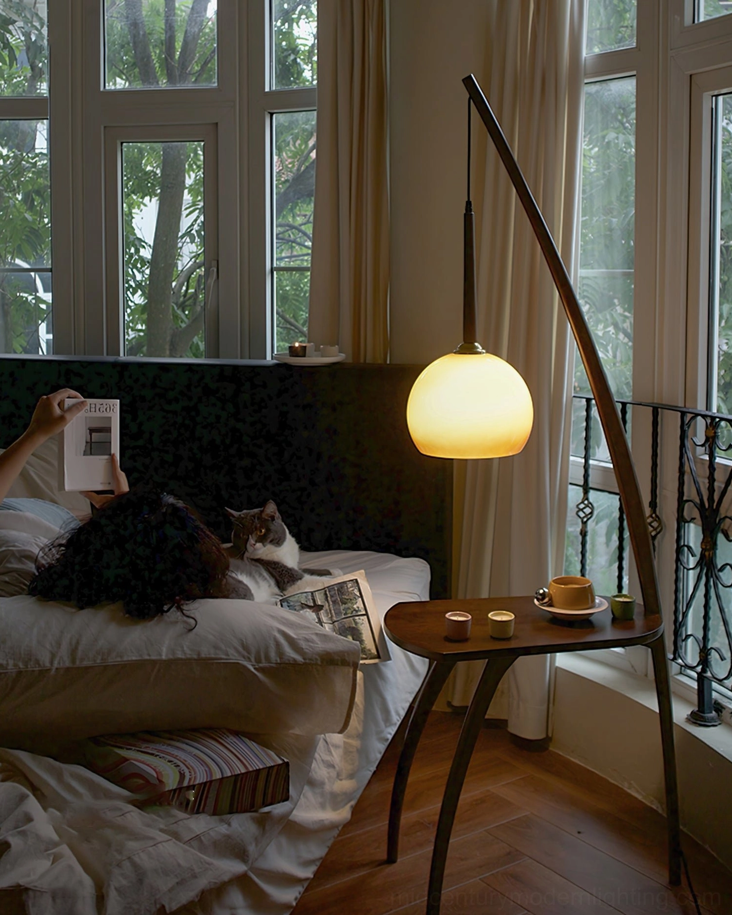 Domus Pollo arc lamp with side table, contemporary mid-century design statement piece