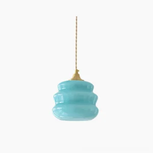 Donna aqua blue tiered pendant lamp front view with twisted fabric cord and brass fixture against white background