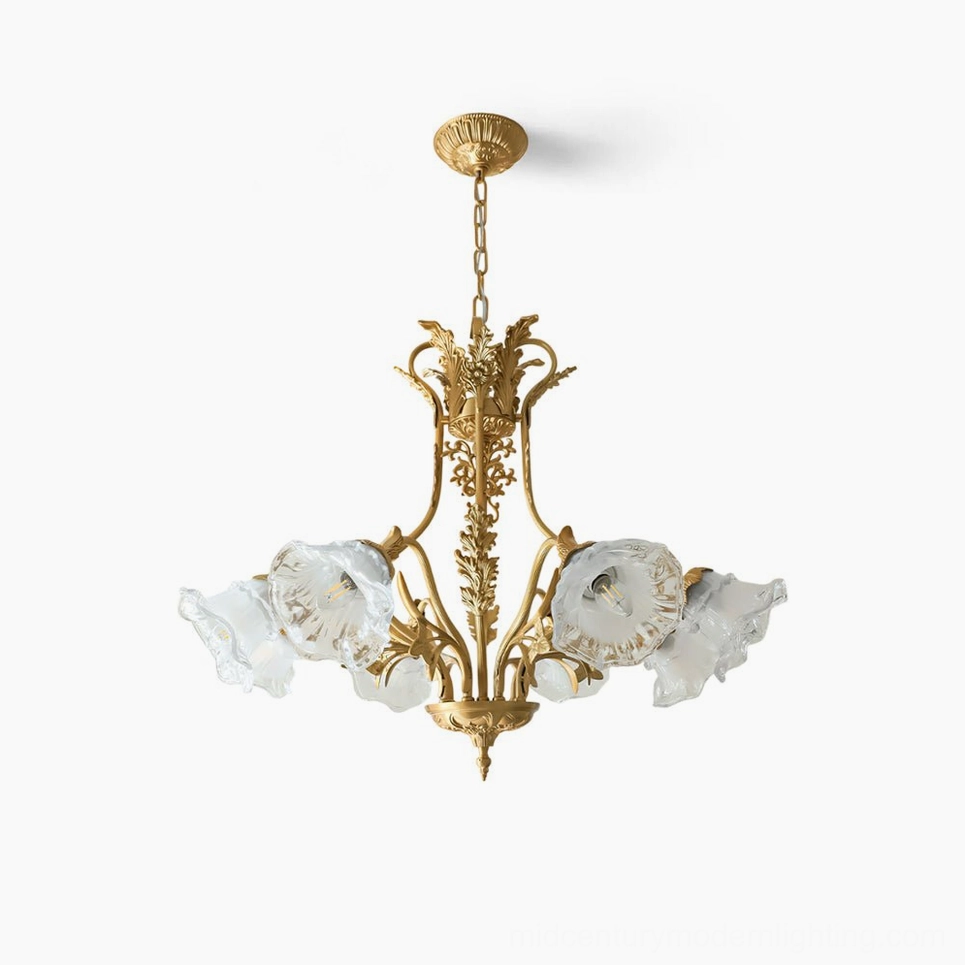 Dore brass flower chandelier with hand-blown clear glass petals, overhead front view showcasing intricate floral metalwork