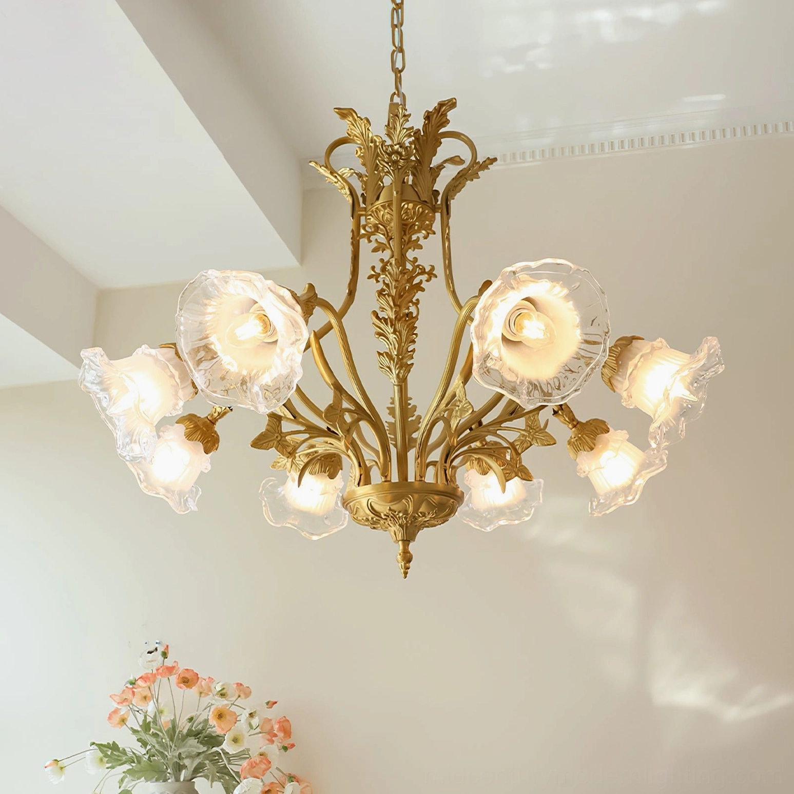 Dore flower chandelier in contemporary home office setting with refined botanical aesthetic