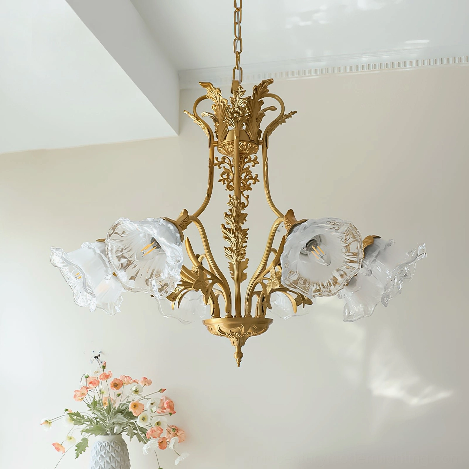Dore brass flower chandelier with LED bulbs demonstrating modern energy-efficient lighting