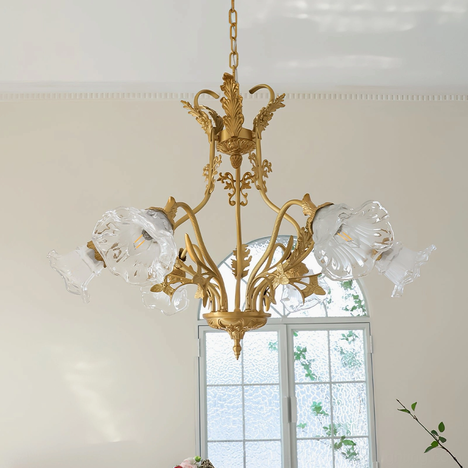 Dore flower chandelier size comparison showing six-light and eight-light configurations