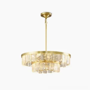 Doria crystal chandelier two-tier round design with brass finish and faceted crystals, front-facing studio shot on white background
