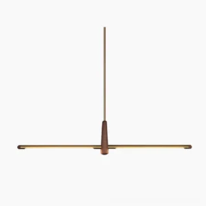 Dorian brass and walnut linear chandelier front view on white background modern minimalist pendant light