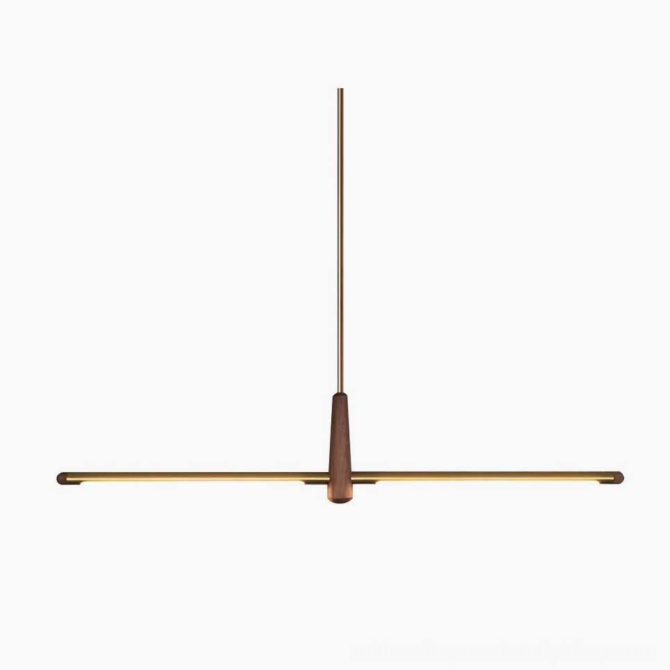 Dorian brass and walnut linear chandelier front view on white background modern minimalist pendant light