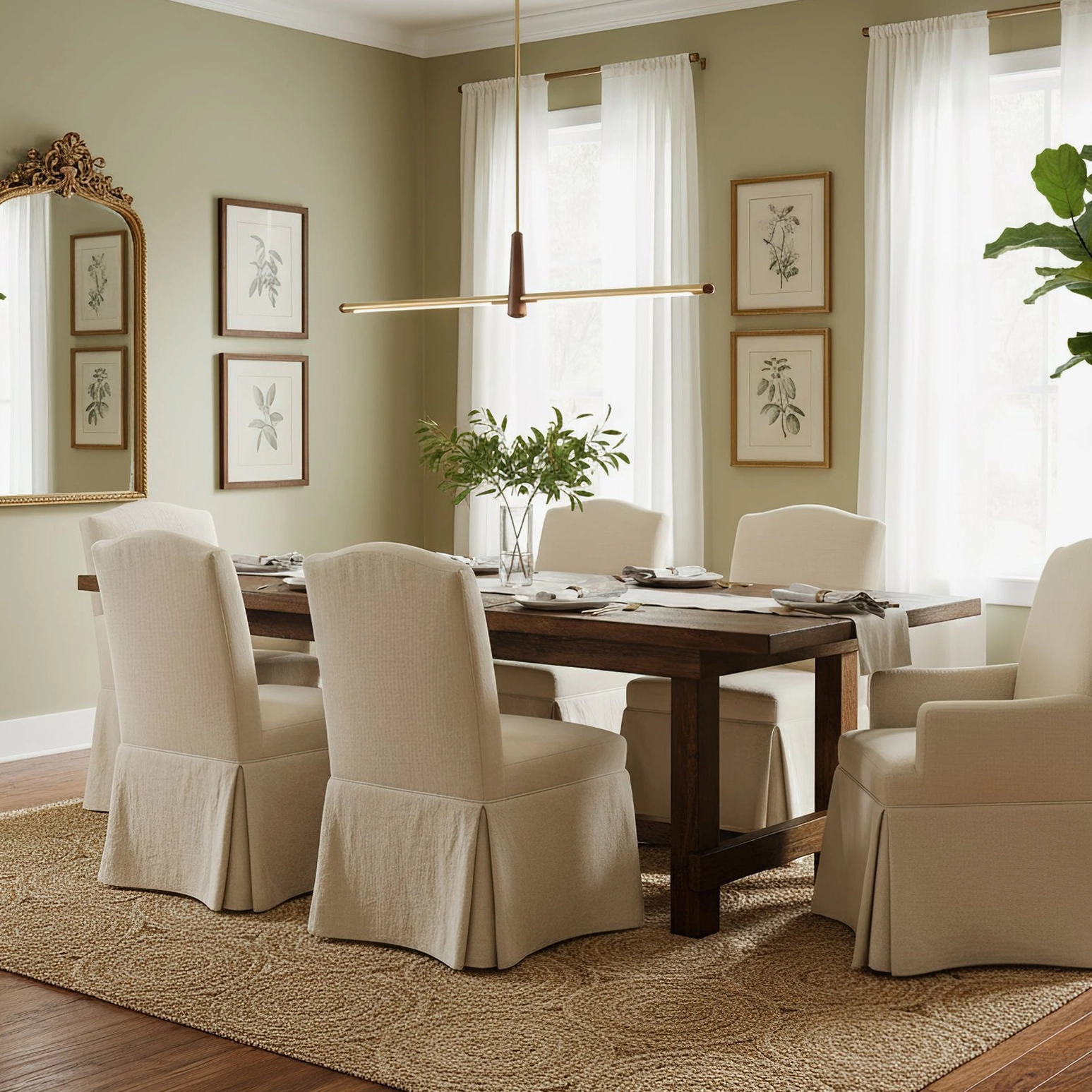 Dorian brass pendant light in elegant dining space with green walls and botanical wall decor classic dining room