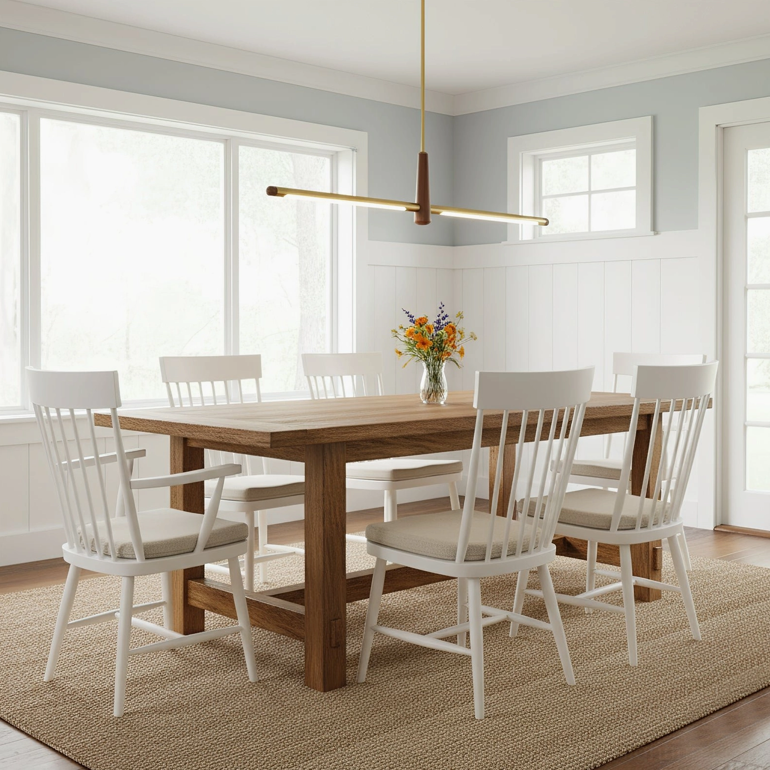 Dorian walnut and brass chandelier in coastal farmhouse dining area soft blue walls white chairs