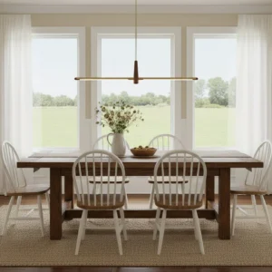 Dorian linear pendant chandelier installed above wooden farmhouse dining table farmhouse dining room setup