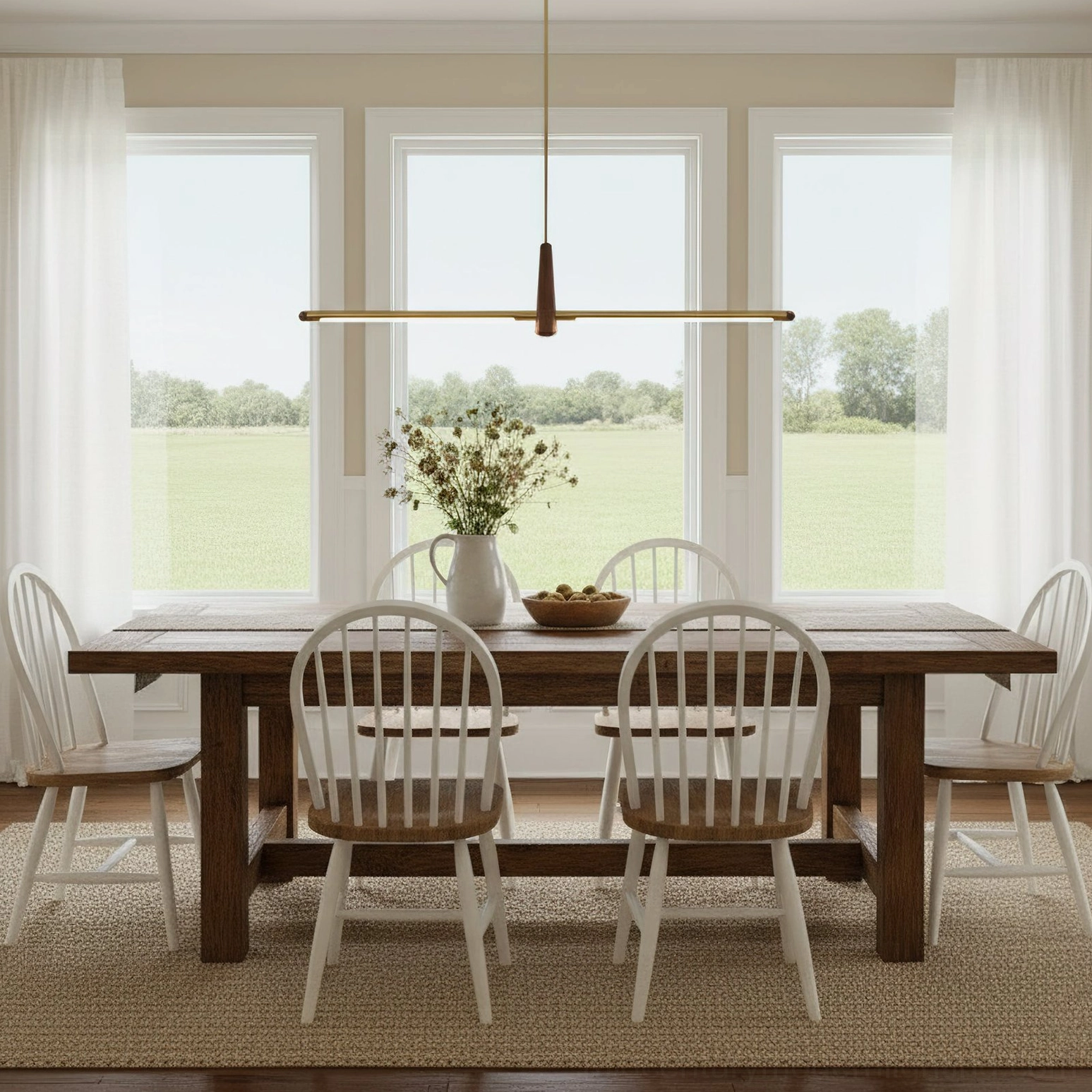 Dorian linear pendant chandelier installed above wooden farmhouse dining table farmhouse dining room setup