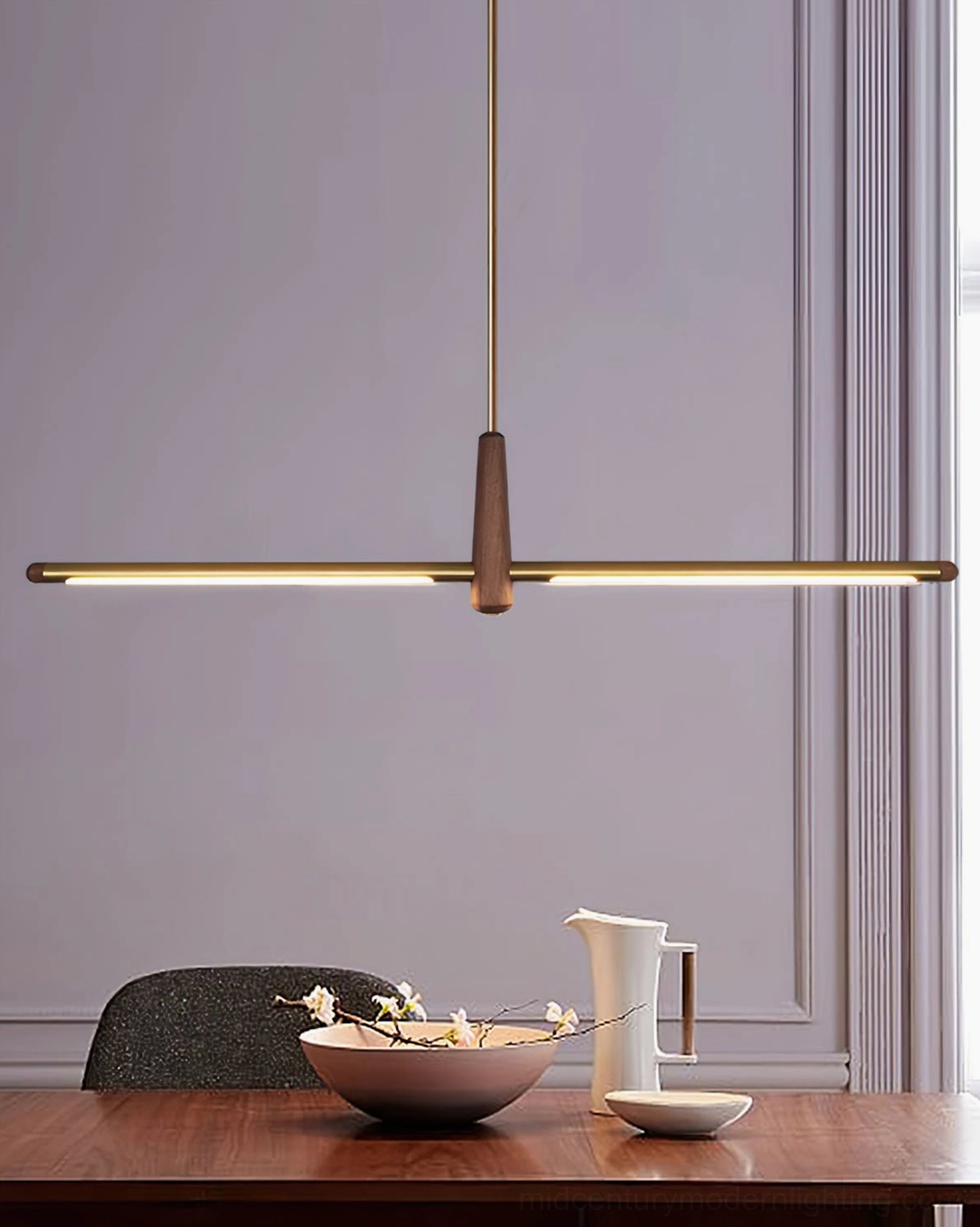 Dorian walnut and brass chandelier geometric minimalist form function mid-century design