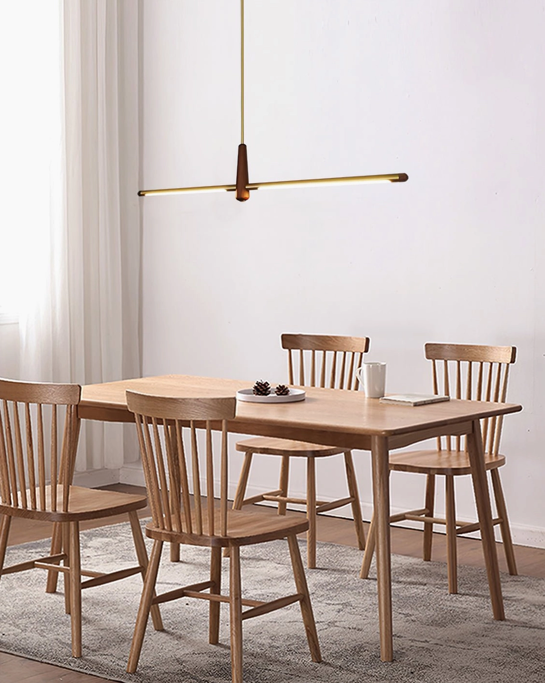 Dorian brass and walnut chandelier integrated LED lighting warm light illumination