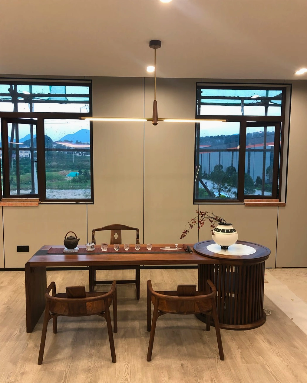 Dorian linear chandelier mid-century modern dining room aesthetic minimalist elegance