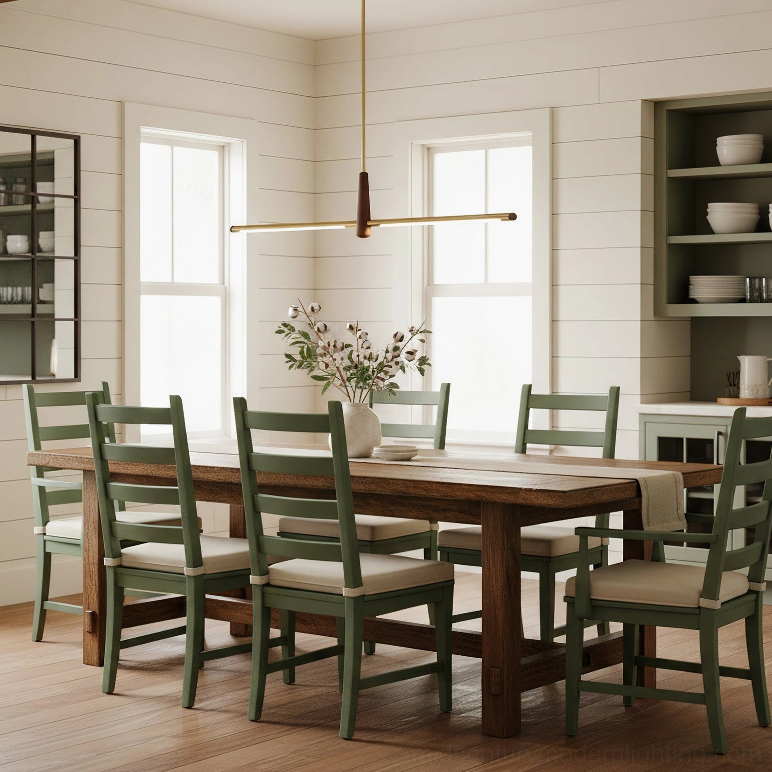 Dorian linear chandelier in modern farmhouse dining room green painted chairs shiplap accent walls