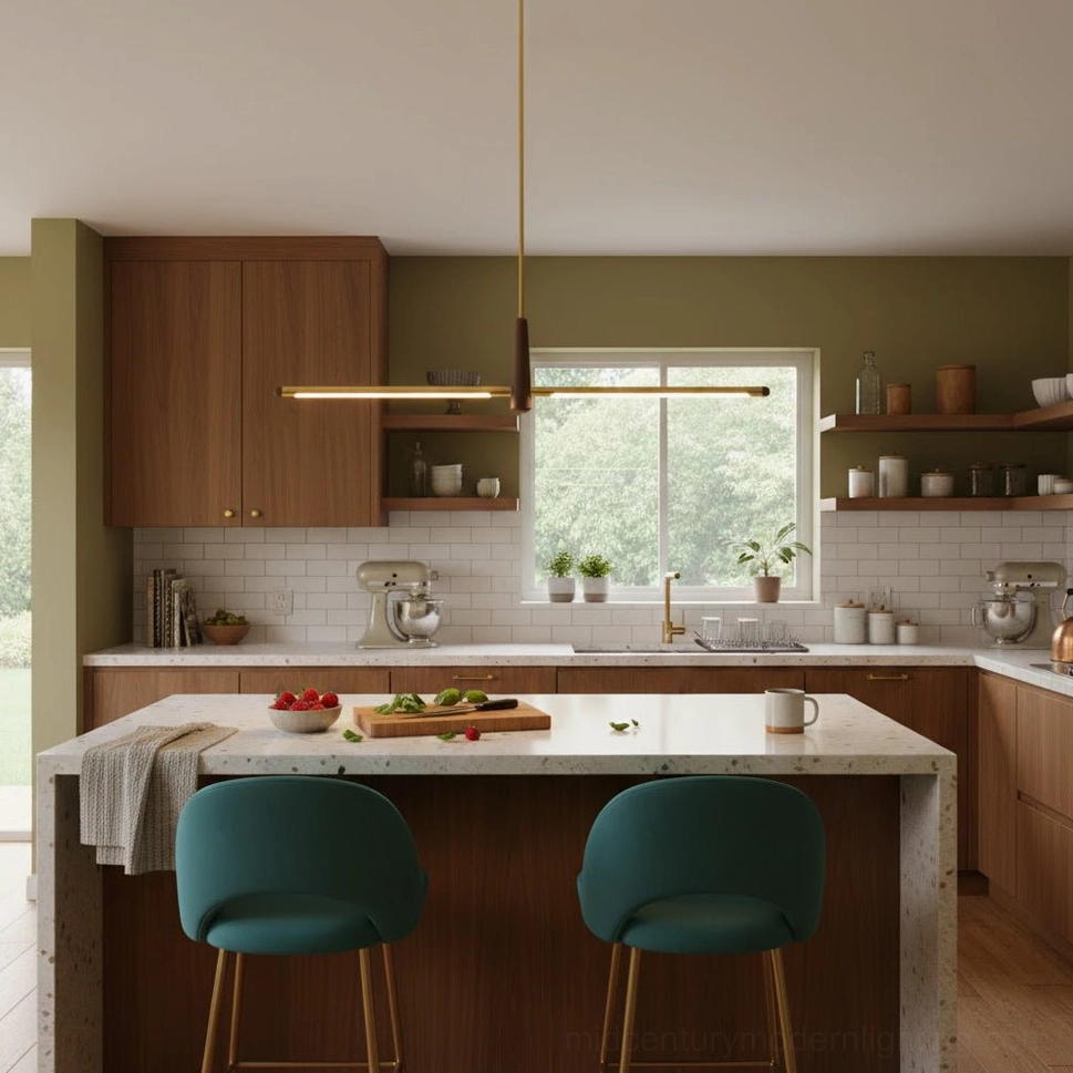 Dorian brass walnut chandelier above kitchen island warm toned modern kitchen dark wood cabinets