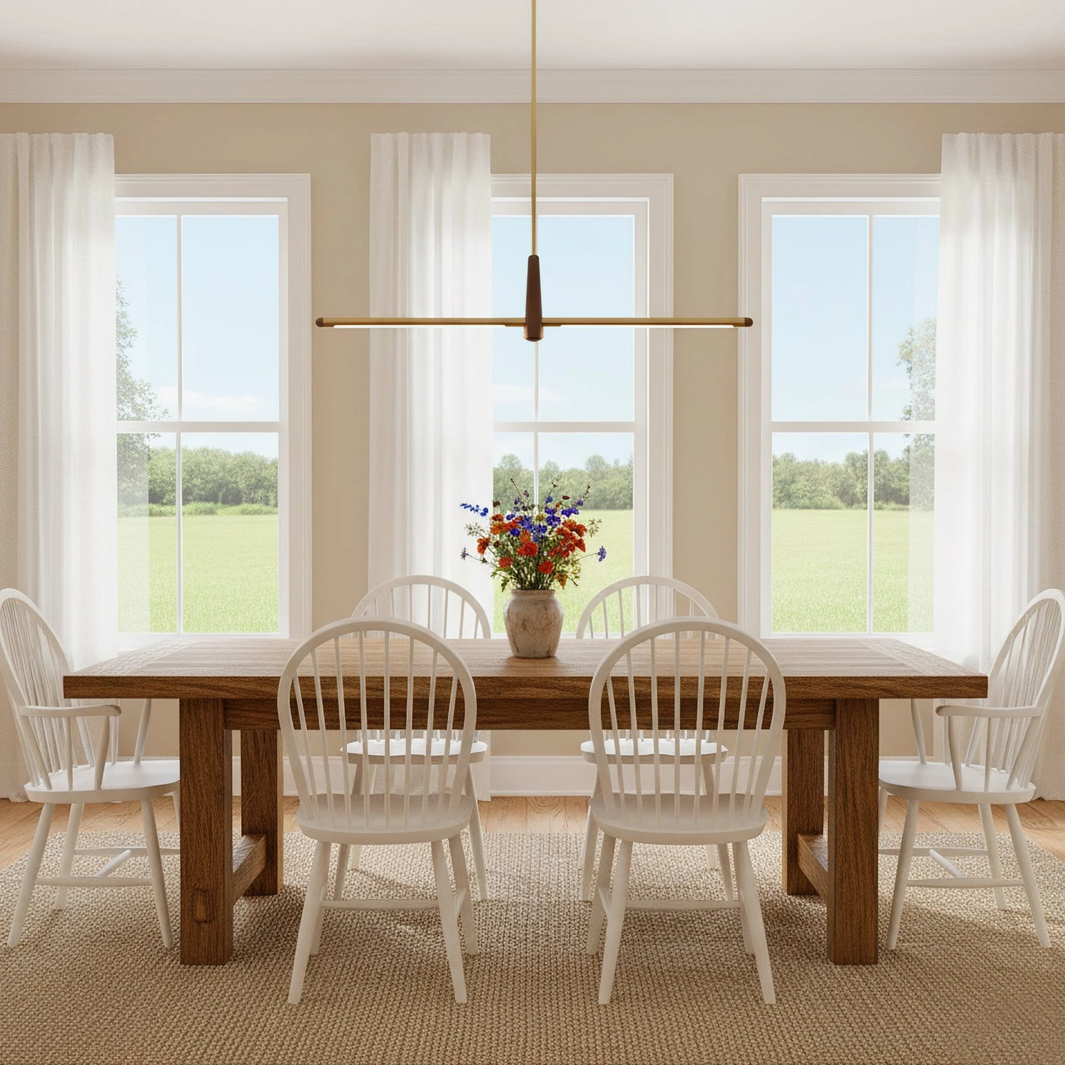 Dorian pendant light in warm neutral dining space natural fiber rug wooden dining set