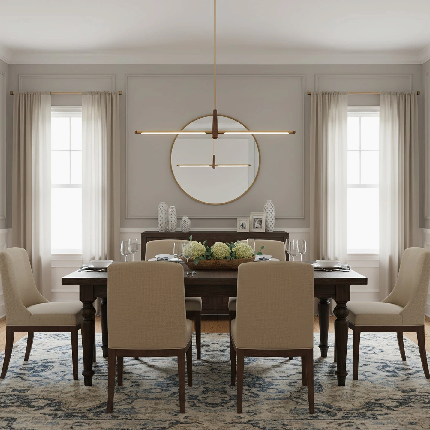 Dorian walnut and brass linear chandelier product shot clean minimalist background