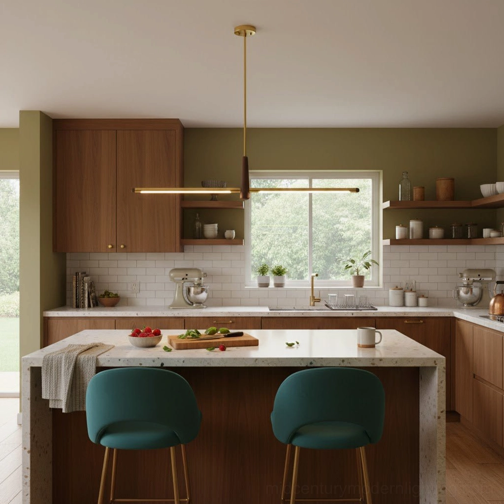 Dorian linear pendant light side angle profile minimalist two-tone finish brass wood