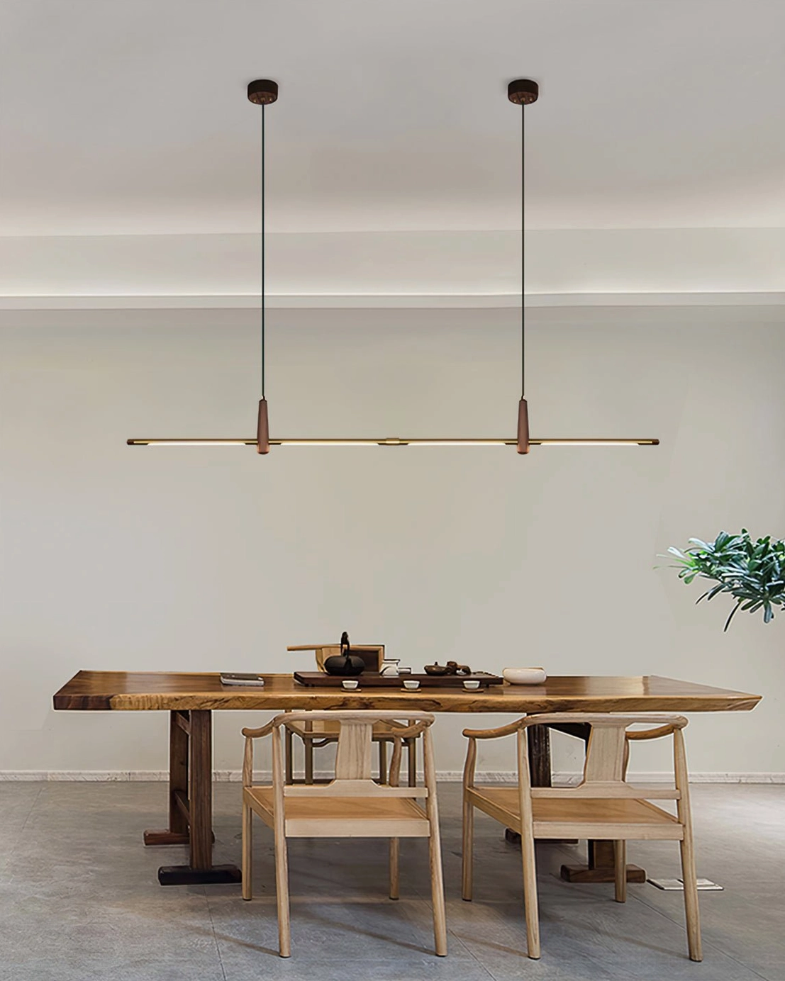 Dorian linear chandelier minimalist design brass metal sustainable walnut wood construction