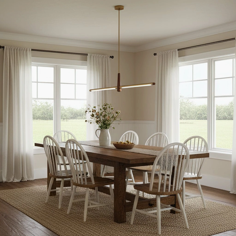 Dorian linear chandelier above wooden dining table with spindle chairs traditional bright dining room