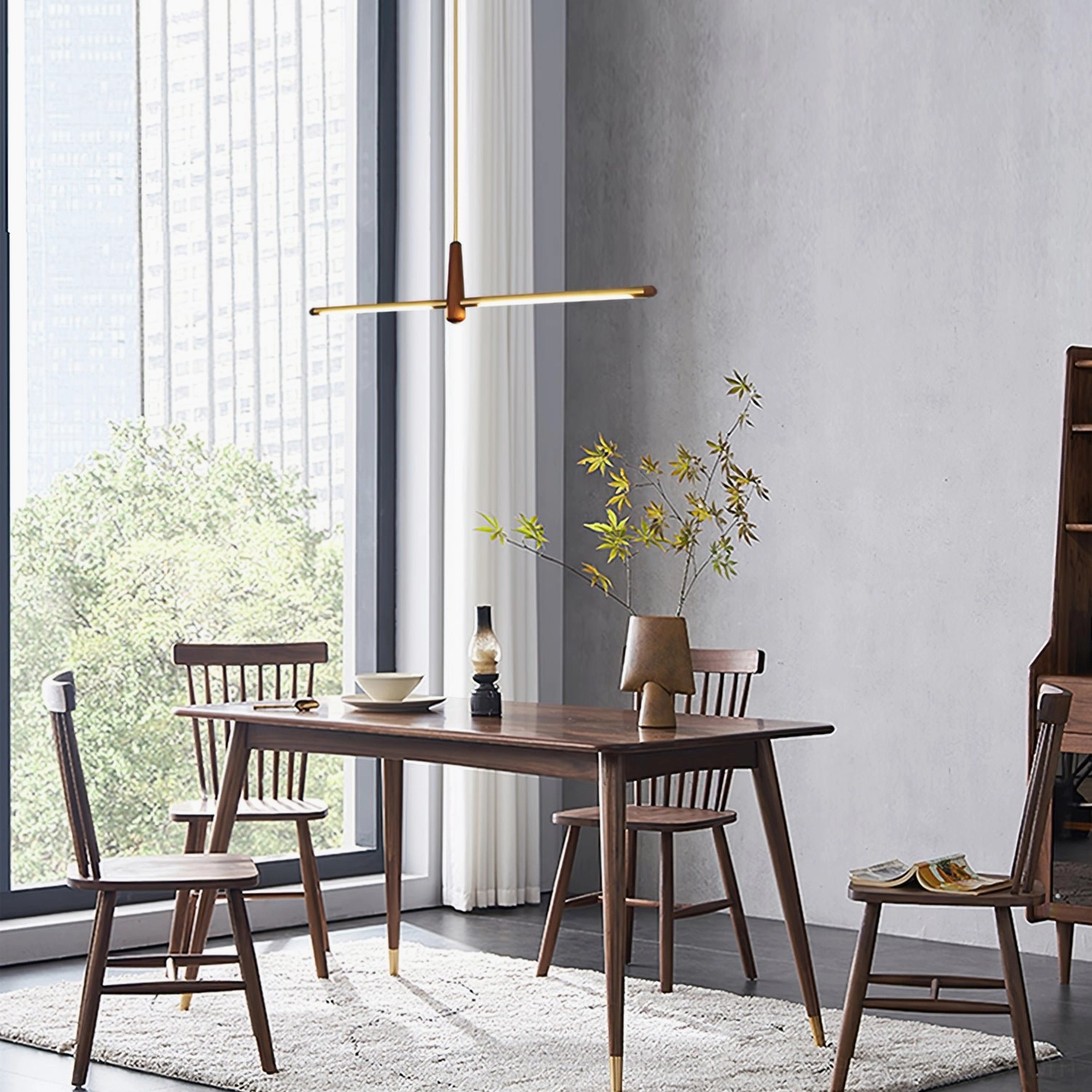 Dorian linear pendant light brass walnut two-tone minimalist chandelier close-up