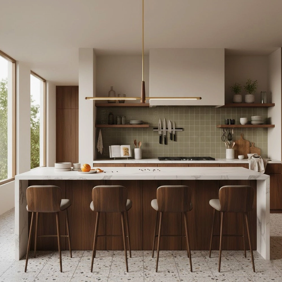 Dorian linear chandelier walnut wood joint accent close-up sustainable wood metalwork