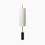 Dorica marble floor lamp with black base and white pleated fabric shade - front studio view