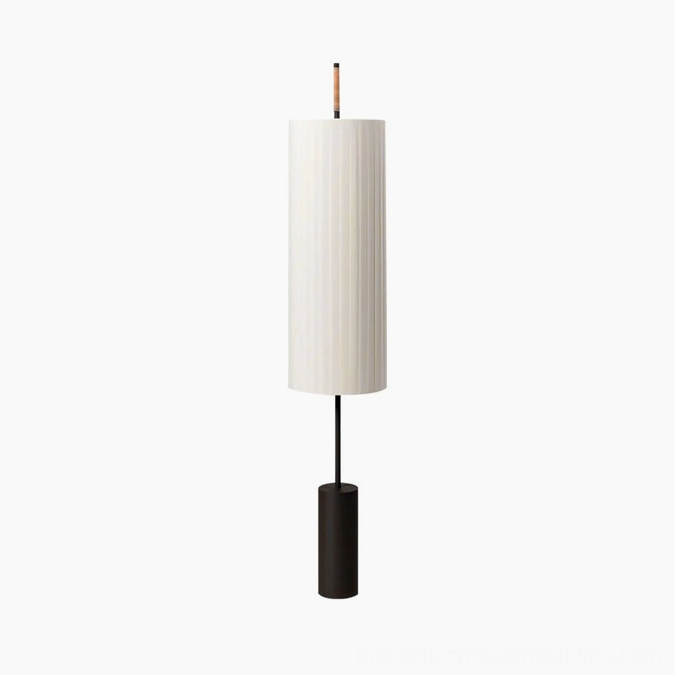 Dorica marble floor lamp with black base and white pleated fabric shade - front studio view