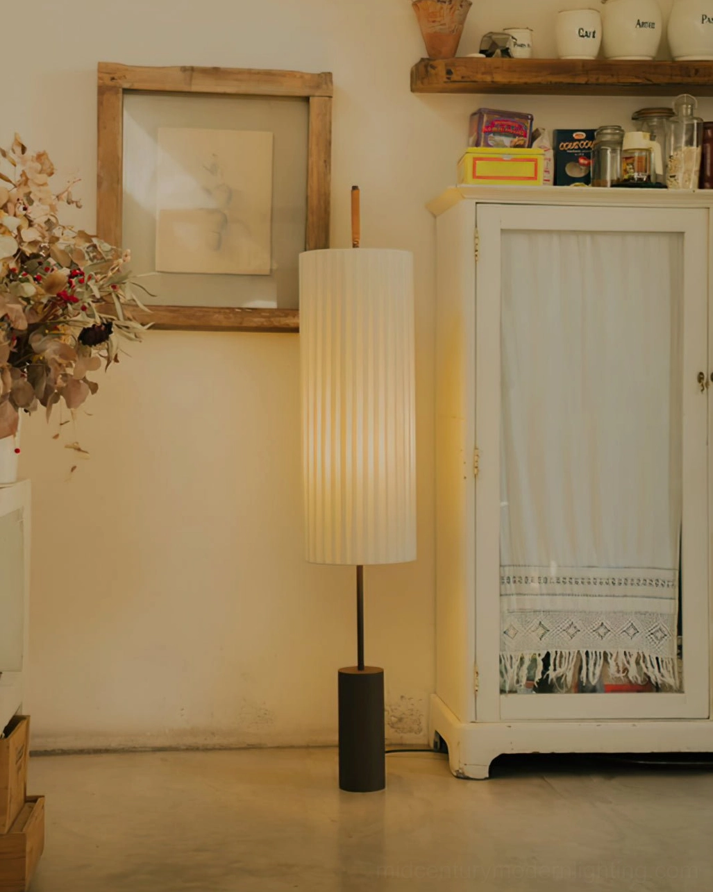 Dorica mid-century modern floor lamp side view in minimalist farmhouse kitchen nook