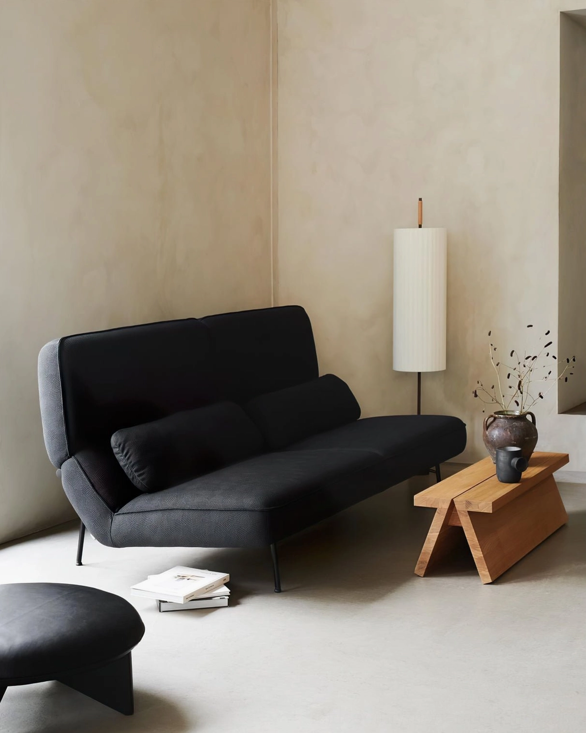 Dorica contemporary floor lamp in Scandinavian living room with minimalist white shade