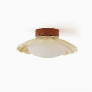 Dorinda mid-century modern ceiling flush mount lamp with scalloped cream acrylic shade, front overhead view against white studio background