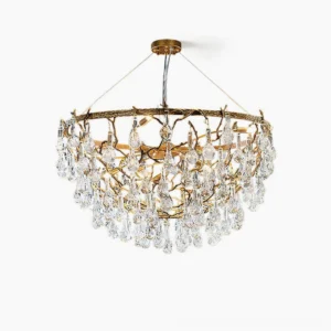 Doris antique brass crystal chandelier with cascading glass drops, front view against white backdrop showing organic twig frame and ten G9 sockets