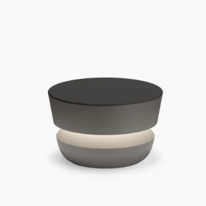 Dots outdoor table lamp front view - modern minimalist matte charcoal cylindrical design with dual-layer structure