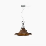 Dottie mid-century modern walnut wood pendant light with polished chrome fixture, front studio view